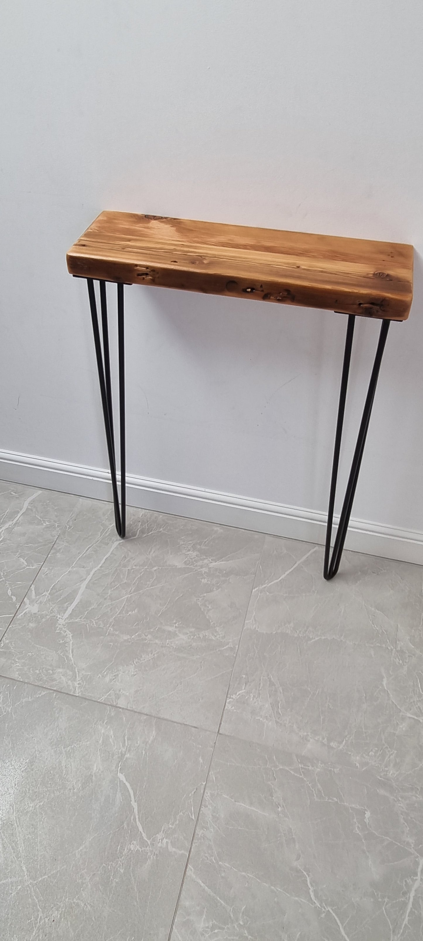 Radiator console table with hairpin legs