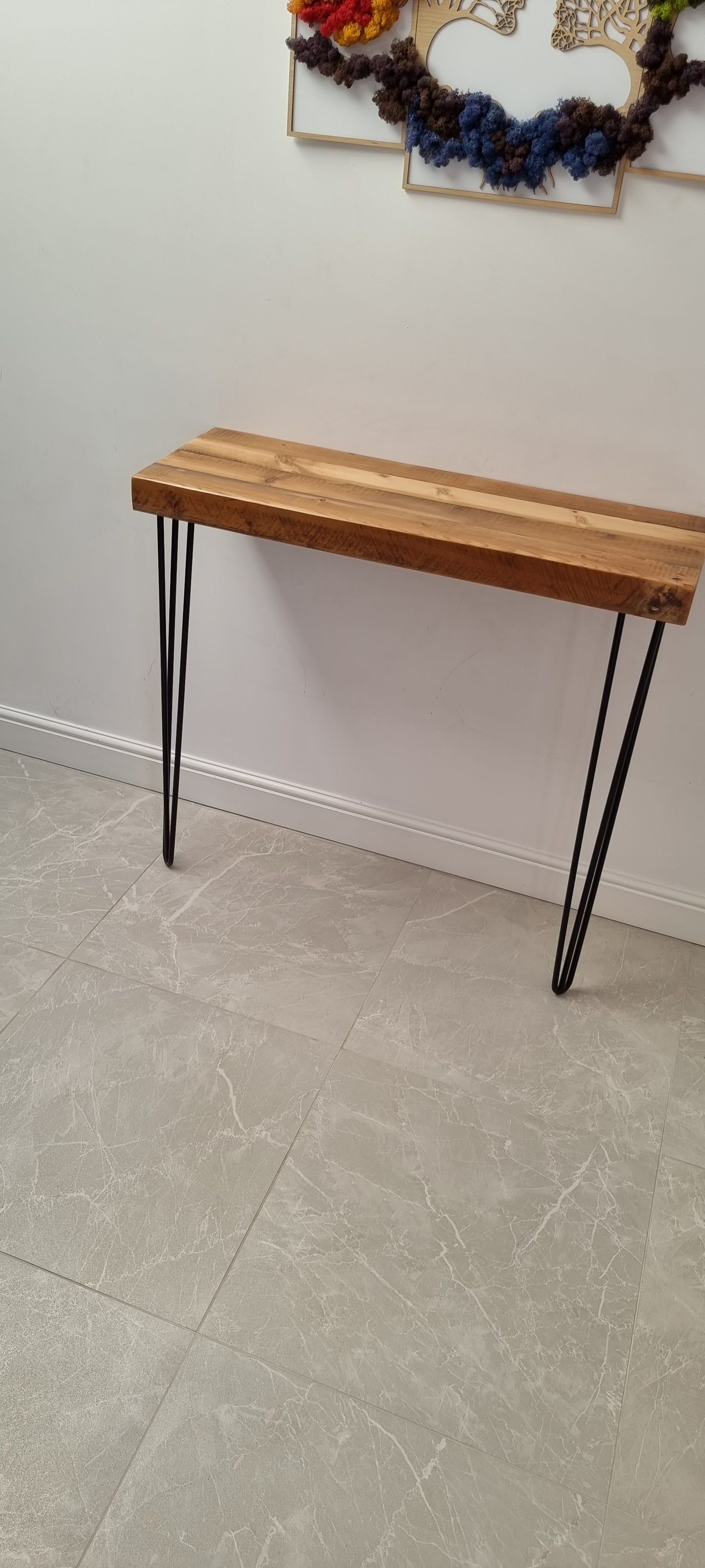 Radiator console table with hairpin legs
