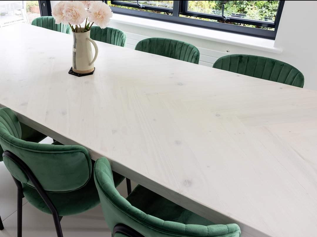 White wash dining table with grey metal legs