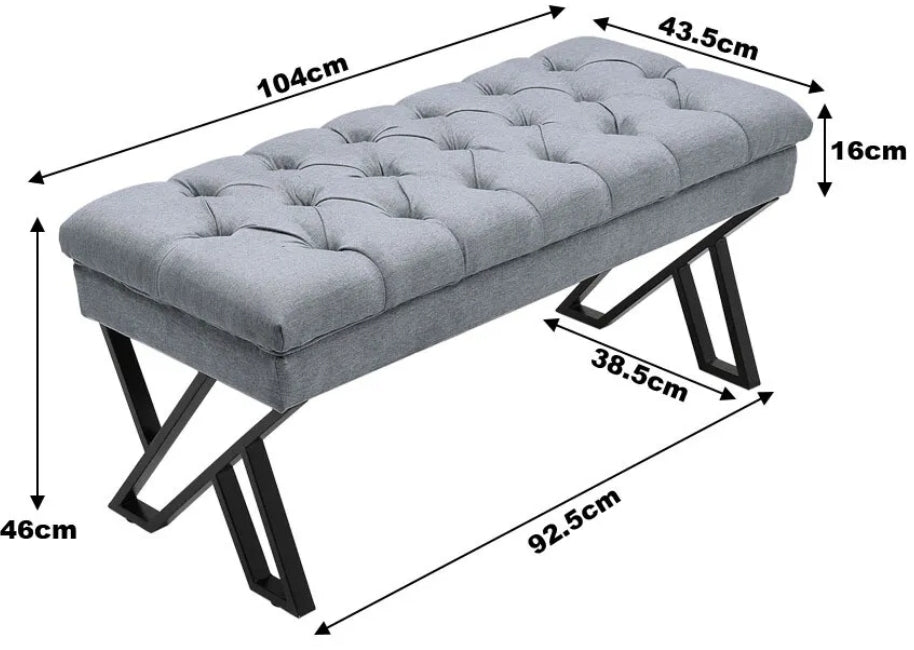 Grey upholstered bench with metal legs