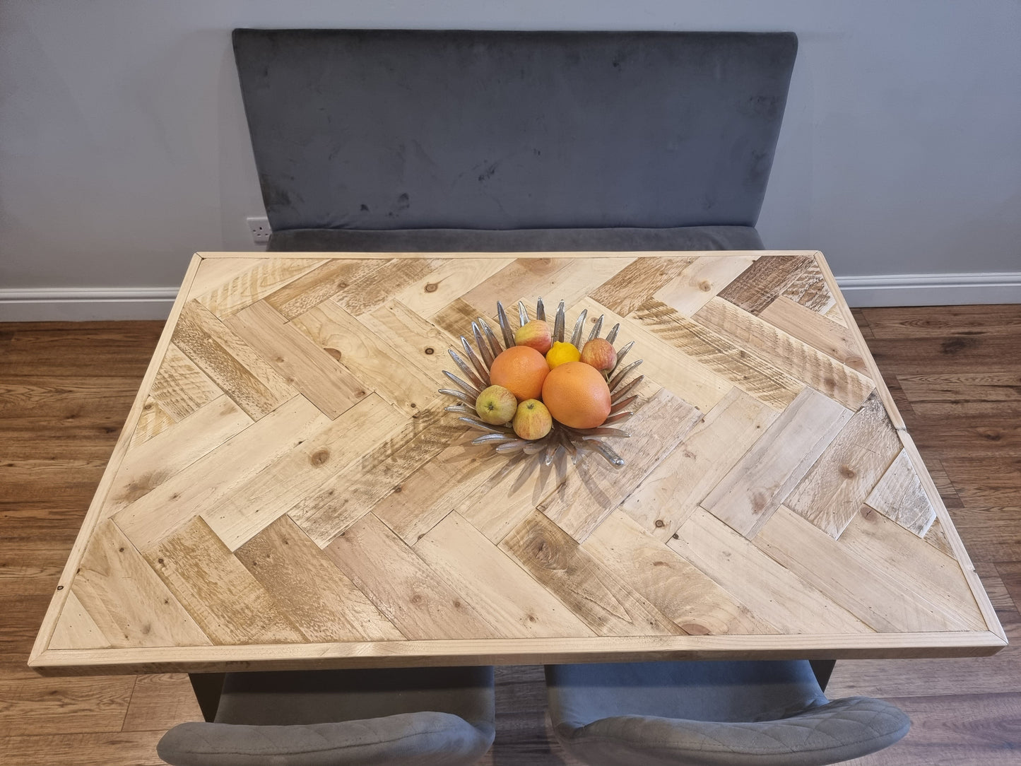 Double herringbone dining table with hairpin legs