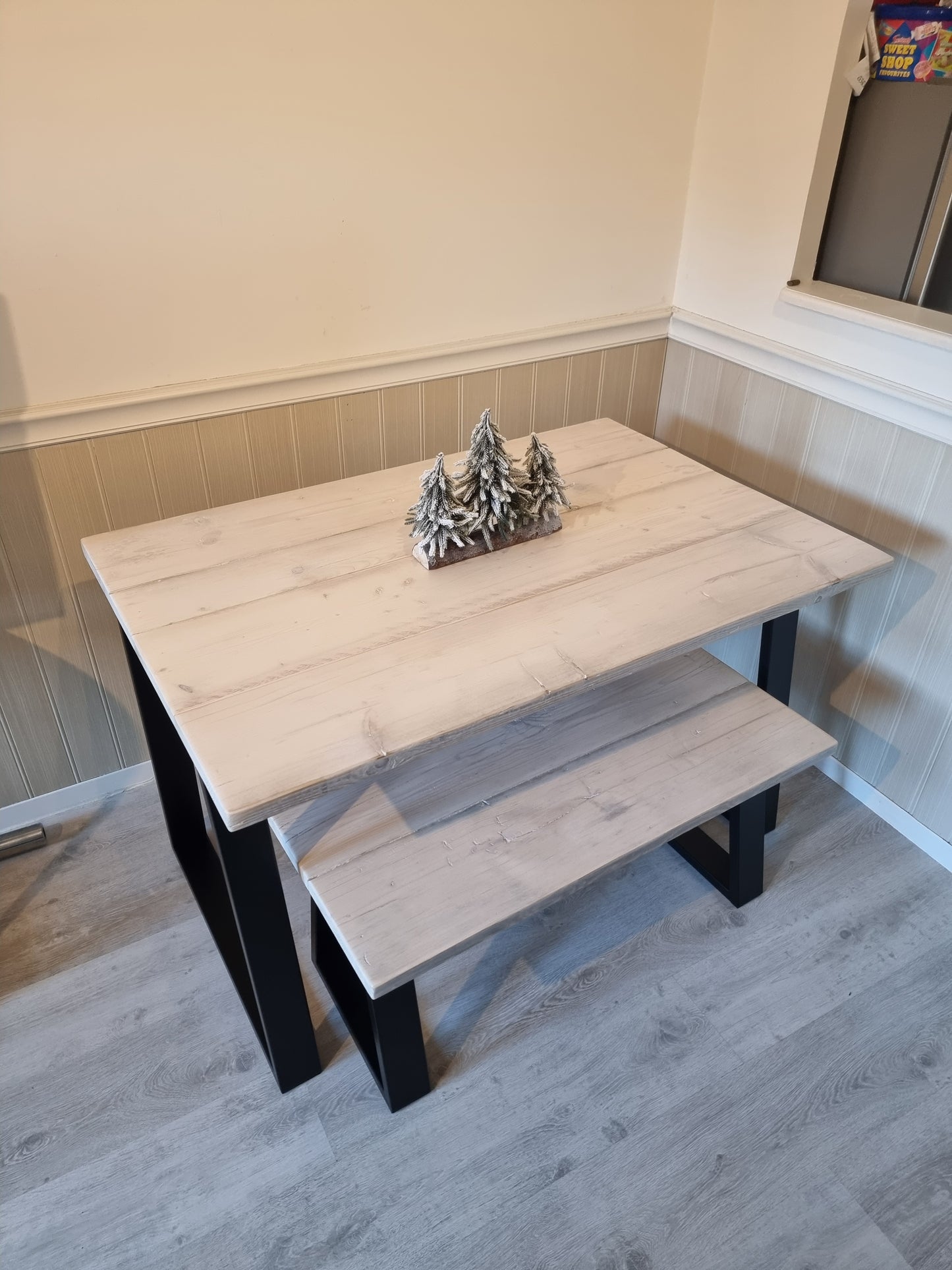 Reclaimed scaffold boards table white wash