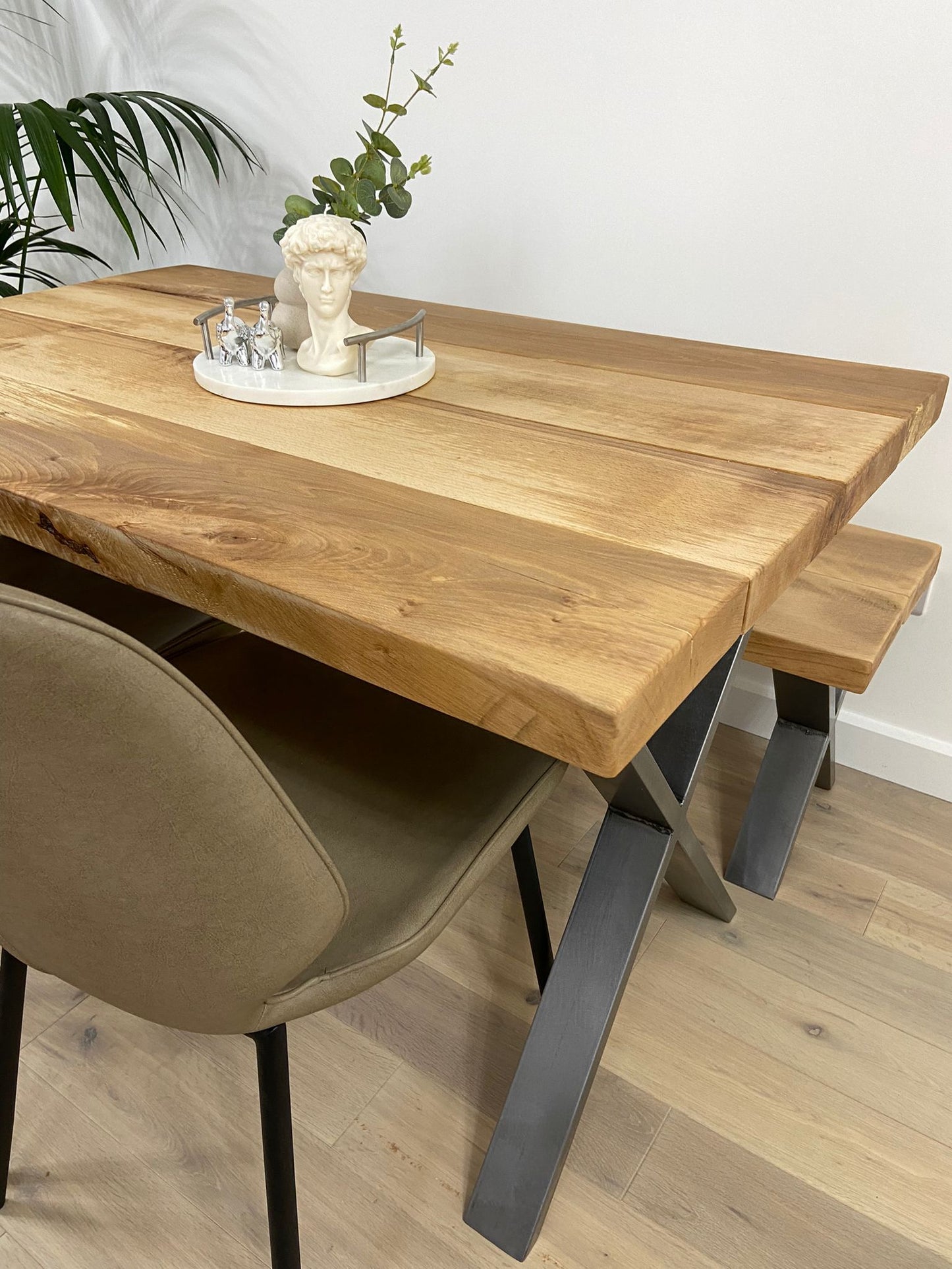 Solid oak table with X shape legs