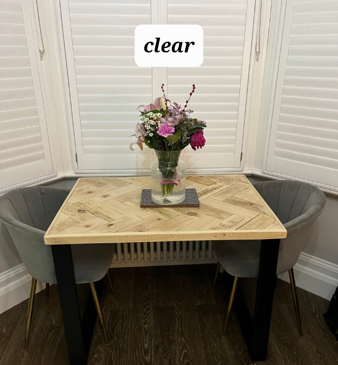 Double herringbone dining table with hairpin legs